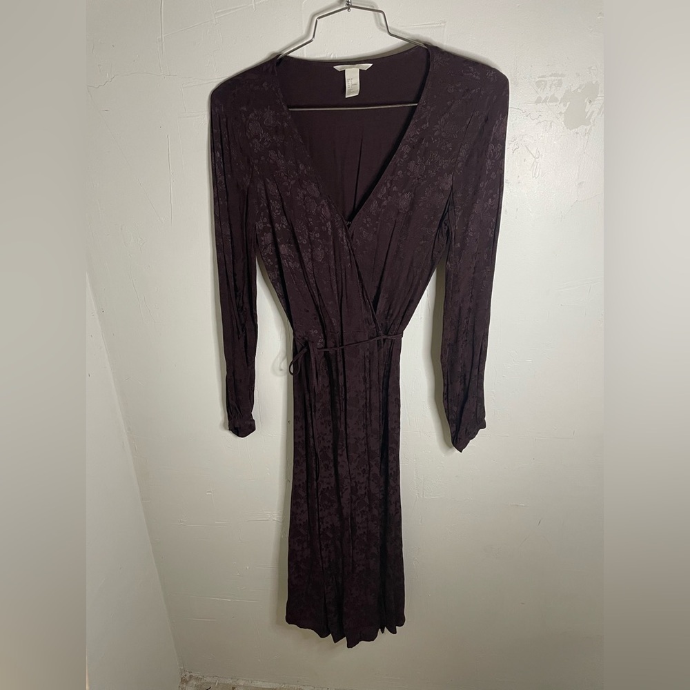 H&M Burgundy Jacquard Long Sleeve Midi Wrap Dress​​